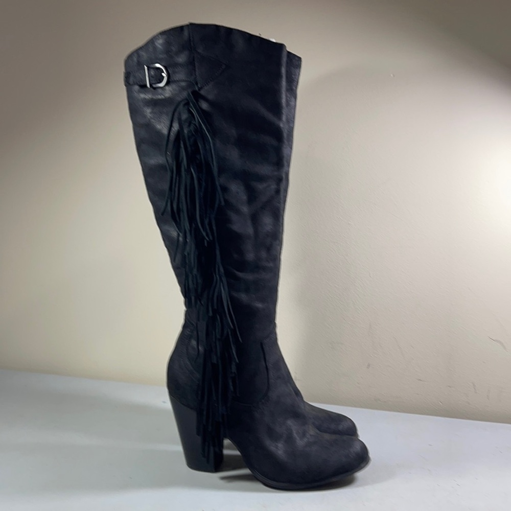 Carlos Santana Black Knee High Fringe Boots 10M